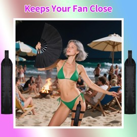 WAYASDCU 4 Pcs Rave Fan with Holster Large Hand Fan Black Clack Fan with Folding Summer Hand Fan Holster for Festival Line Dancing Festival Part