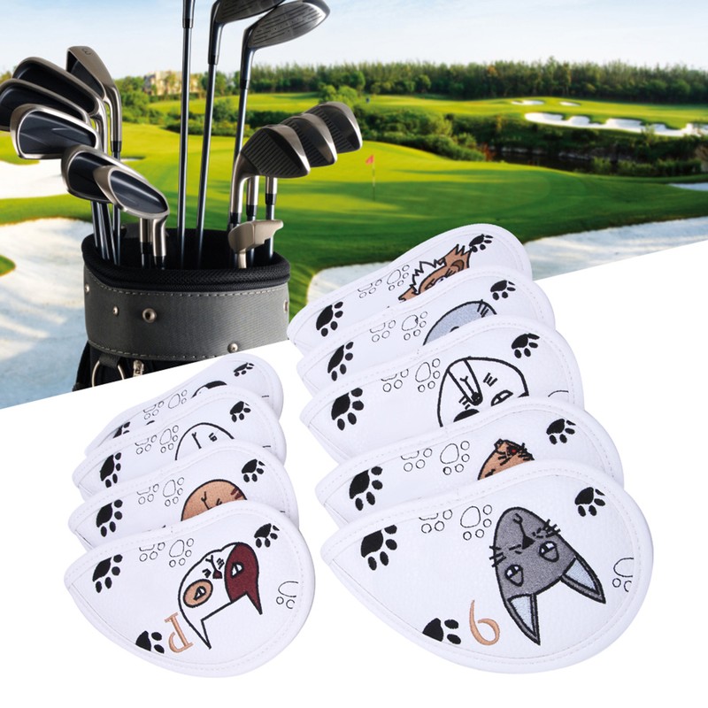 9PCS PU Leather Embroidery Waterproof Golf Putter Head Cover Iron