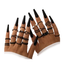 FAXHION 27 Pcs Gold Knuckle Rings Set for Women, Vintage Stackable Boho Snake Finger Rings, Midi Hollow Rings Pack (C-Black-22pcs)