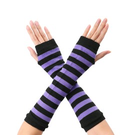 Allegra K Women's Fingerless Gloves Printed Elbow Length Knitted Arm Warmers One Size Purple Black