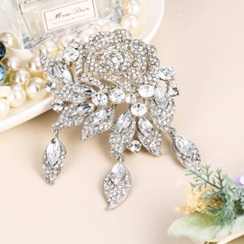 EVER FAITH Rose Flower Leaf Wedding Brooch Pendant Austrian Crystal Silver-Tone Clear