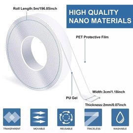 Cinta de Doble cara resistente (5 metros), Cinta adhesiva Fuerte, Nano Cinta adhesiva, multiusos, extraíble, transparente, Cinta de póster de dos Caras para artículos de Pasta, hogar