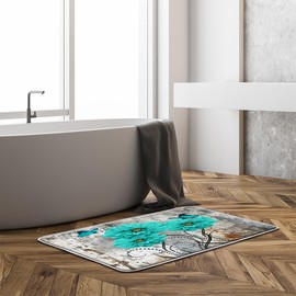 Rustic Flower Bath Mat Vintage Wooden Board Teal Dahlia Floral Abstract Leaves Butterfly Country Shabby Turquoise Farmhouse Bathroom Kitchen Memory Foam Rug,17.8x29.5 Inch