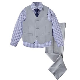 SaiLiiny Boys 4-Piece Suit Vest Set with Dress Shirt and Pants, Adjustable Waist, Boy Suit Size 7 Light Gray