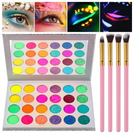 Kalolary Neon Colourful Eyeshadow Palette, UV Glow Blacklight Matte and Sparkling Eyeshadow Glows In The Dark, 24 Colours Highly Pigmented Makeup Kit with 4 Pink Brushes
