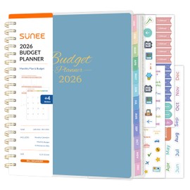 SUNEE 2026 Budget Planner - Deluxe Monthly Budget Book from JAN 2026 - DEC 2026, Bill Organizer with 12-Pockets, Expense Tracker Notebook B5 Size (8" x 10"), Finance Planner Account Book, Blue