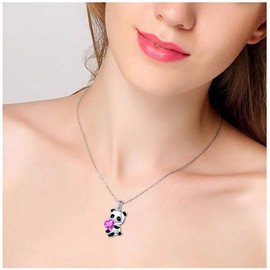 Faruodis Crystal Panda Heart Necklace Cute Rhinestone Love Heart Animal Pendant Necklace Chain Jewelry for Women (Pink)