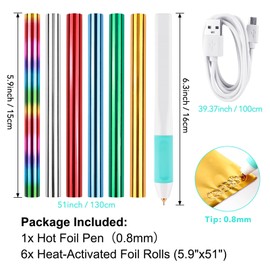 Briartw USB Hot Foil Pen and 6 Colors foil Rolls- Heat Active Pen for Crafting,DIY and Embossing - Easy to Use,5min Heating and Long-Lasting Design - Perfect for Scrapbooking,Card Making(0.8mm Tip)