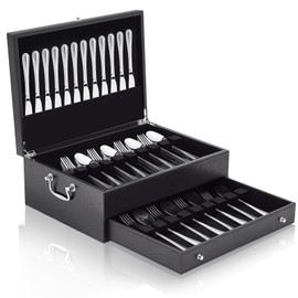 DoubleFill 2 Layer Leather Silverware Storage Box with Lid Drawer Handle, 15.3 x 11.2 Inch Silverware Chest Case with Felt Lined, Flatware and Utensils Organizer for Kitchen Gift, Without Flatware