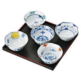 西海陶器(Saikaitoki) Saikai Pottery Hasami Ware 30010 Small Bowl, Octagonal, Small Included, Dyed Nishiki, Picture-Changing Basin, Includes Cosmetic Box, Diameter 3.3 inches (8.5 cm), Set of 5