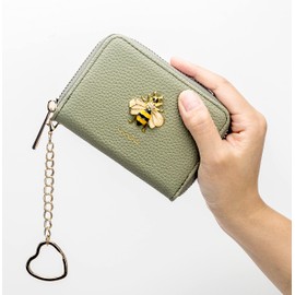 knockno 12 Card Slots Credit Card Holder Leather Zipper Exquisite Gold Bee Card Case for Girls or Women Accordion Wallet with Removable Keychain (Bee, Green)