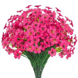 Outdoor Artificial Flowers 21 UV Resistant Bundles Fake Flower Plastic Plants Faux Silk Flowers Porch Hanging Garden Porch Window Box Decorating (Rose Red)