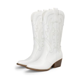 DREAM PAIRS Women's Cowboy Cowgirl Boots Embroidered Pointed Toe Low Heel Western Mid Calf Boot for Theme Party Country Concert,Size 9,White,DWUMMB2503
