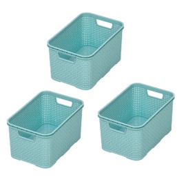 BranQ - Home essential Set of 3 Plastic Rattan Baskets made of Bisphenol A (BPA)-Free Polypropylene, 28.5 x 19.5 x 12.9 cm, Mint, Size S (7 Litres)