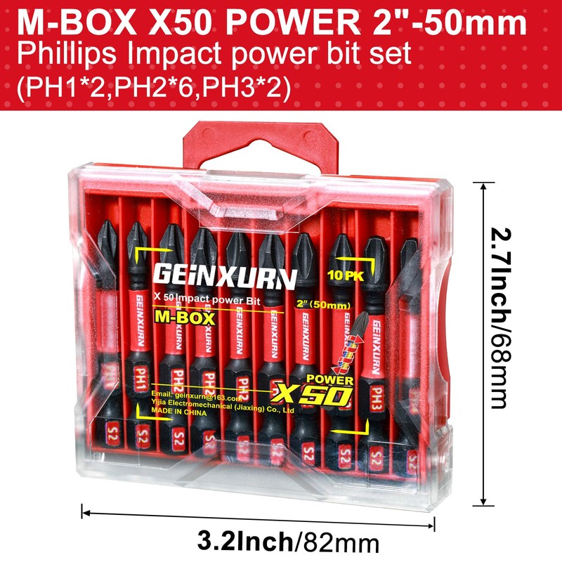 Geinxurn Impact Tough 2 in. (PH1/PH2/PH3) Screwdriver Bits Set,10 Pack