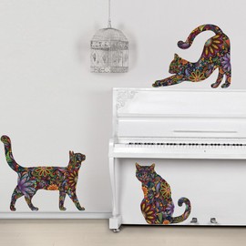 Cat Wall Sticker Trio - Set of 3 Stickers - Repositionable Cat Wall Decals in Flower Pattern (as Shown, S)