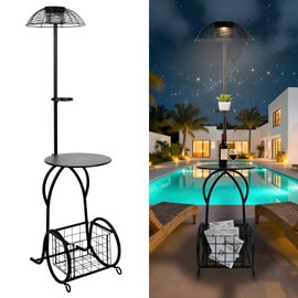 Solar Outdoor Side Table with Light, 52.5'' Waterproof Metal Patio End Table, Solar Powered Accent Table with Auto Light ON/OFF & USB Charging, Pefect for Porch Backyard Poolside Balcony, Black