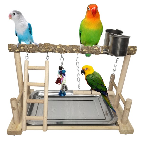 PINVNBY Bird Playground Parrot Playstand Birds Play Stand Wood Exercise Perch Gym Stand Playpen Ladder with Feeder Cups Hanging Swing Toys for Parakeet Conure Cockatiel Budgie Cage Accessories