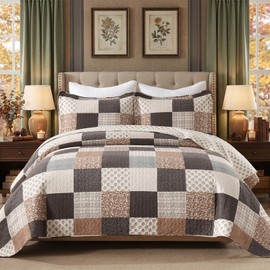 KALOOLA Plaid Quilts Queen Size - 100% Cotton Lightweight Quilted Bedding Set 3 Pcs, Farmhouse Botanical Bedspread with 2 Pillow Shams, Reversible Bed Coverlet for All Season, Brown/Charcoal/Gray