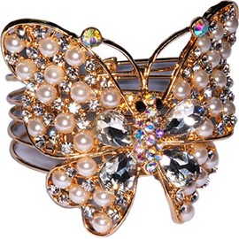 Butterfly Crystal Rhinestone Faux Pearl Gold Colored Cuff Bracelet