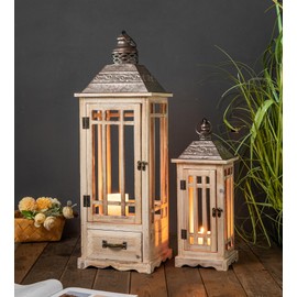 TIMRIS Large Rustic Wooden Metal Decorative Lantern Set of 2, Modern Farmhouse Floor Candle Lanterns with Drawer, Indoor/Outdoor Hanging Lanterns for Home Decor (No Glass)