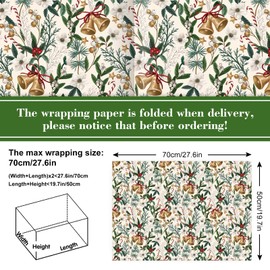 JarThenaAMCS 12 Sheets Christmas Wrapping Paper -Not Roll- Bell Poinsettia Gift Wrap Paper Folded Flat Vintage Craft Paper for Xmas Home Party, 19.7 x 27.6 Inch