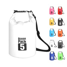 MORAINJAY 5L White Dry Bags, Waterproof Bag with Long Adjustable Shoulder Strap,Large/Small Capacity 2L 5L 10L 15L 20L 30L Dry Sack for Outdoor Camping,Rafting,Swimming,Boating,Surfing