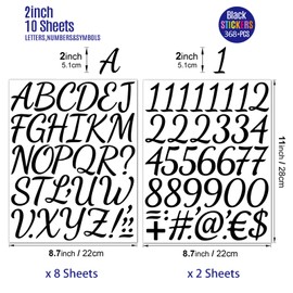 2 inch Vinyl Cursive Letters Stickers(10 Sheets 368 PCS) Large Self Adhesive Alphabet and Number Stickers Decals for Scrapbook,Classroom Decor, Arts, Crafts, Poster, Bulletin Board (Black)