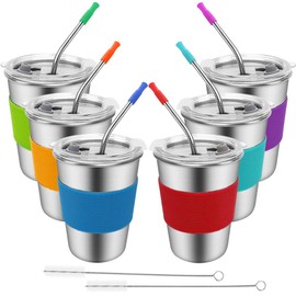 Vasos de Acero Inoxidable para Niños, Paquete de 6 de 12oz Vasos con Pajita a Prueba de Fugas Vasos Sippy con Tapa y Popote, Vasos de Agua Irrompibles