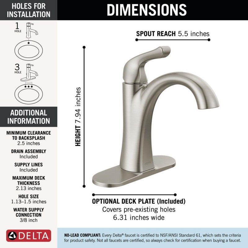 Delta Arvo Brushed Nickel Bathroom Faucet 1 Hole, Single Hole