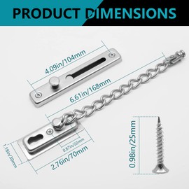 Bonsicoky 2 Pack Door Chain Lock Door Chain Guard with Spring, Anti-Theft Press Lock, Stainless Steel Heavy Duty Security Chain Locks for Door, Window and Home Security - Silver