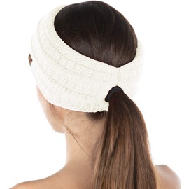 Funky Junque Exclusives Women's Fleece Lined Knit Winter Headband Ear Warmer with Ponytail Hole for Messy Bun - Ivory