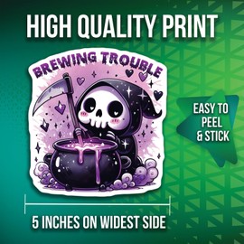 Printlabz Brewing Trouble Stickers - Grim Reaper Art - Purple, Vinyl, Cartoon Style - 2 Pack - 5" On Longest Side - Made in USA