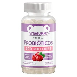Gomitas V-PROB con probioticos sabor arandano, frasco con 60 gomitas de 4gr c/u