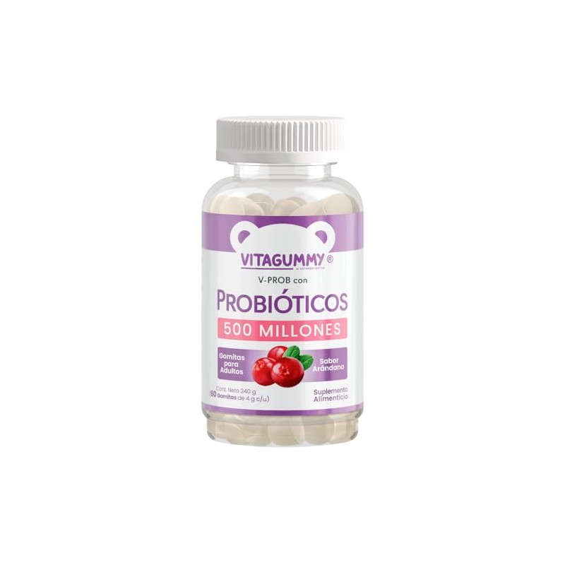 Gomitas V-PROB con probioticos sabor arandano, frasco con 60 gomitas
