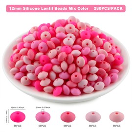 Lovyomi 280pcs 12mm Silicone Lentil Beads for Keychain Making Mix Color Spacer Beads for Pens and Bracelet Crafts(Pink)