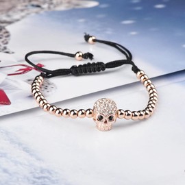Infinite U Fashion Punk Skull Womens Charm Bracelet Beads Balls Braided Cotton Rope Alloy Cubic Zirconia Adjustable Wristband Bangle, Rose Gold