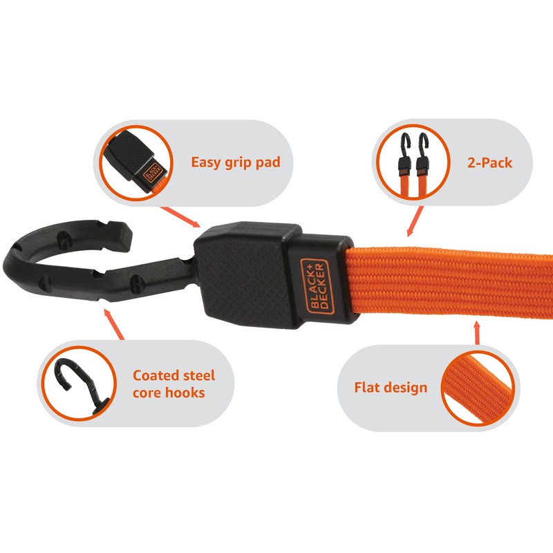 BLACK+DECKER BDX1012 Black/Orange 48" Flat Bungee Cord Straps, 2 Pack