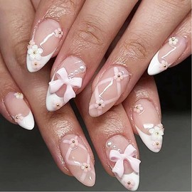 3D Press on Nails, Medium Almond Shaped Acrylic Fake Nails, Cute and Unique Decorative Shape, Suitable for Daily Leisure and Party Activities, Reusable, 24 Pcs