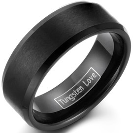 JewelryWe Jewellery 8 mm Wide Tungsten Carbide Men's Women's Ring, Matte Black with Bevelled Edge, Partner Rings, Engagement, Wedding Band, Size 52 to 65, Tungsten