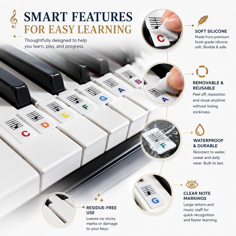 Silicone Piano Keyboard Note Labels for Beginners – Reusable Removable