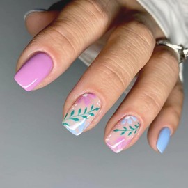 Summer Flower Leaf Press-on Nails, Medium Square Shape, Blue Pink Solid Color, Glossy Reusable Acrylic Stick-on, Artificial Full Cover Glue-on for Women DIY Manicure