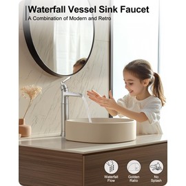 HEYMYTAP Brass Vessel Sink Faucet Brushed Nickel Waterfall Bathroom Faucet Tall 1 Hole, Single Handle with Pop-up Drain & Water Hoses for Bathroom Vanity Vessel Sink