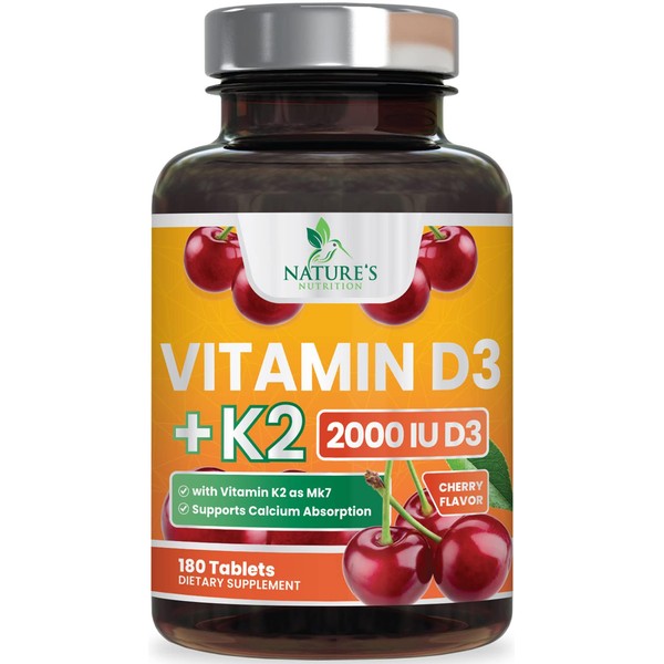 Vitamin D3 K2 as MK-7 with 2000iu of D3 & 75mcg K2, Vitamin K2 D3 Bone Strength Supplements Support Calcium Absorbtion for Teeth & Bone Health + Muscle & Immune Health Support - 180 Chewable Tablets