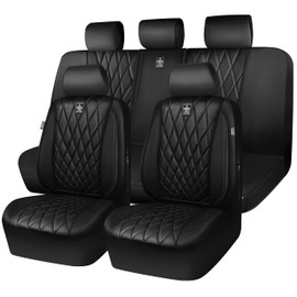 CAR PASS 5 Seats Piping Luxury Faux Leather Seat Covers Full Set, Anti-Slip Waterproof Seat Covers Compatible with Front Armrests, Universal Fit for Suvs,Vans,Trucks,Airbag Compatible, Pure Black