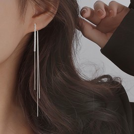 Yheakne Vintage Crystal Chain Drop Earrings Silver Cz Chain Tassel Earrings Long Sleek Chain Earrings Rhinestone Cz Ear Jacket Earrings Jewelry for Women