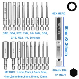 JONMON Hex Head Allen Wrench Bit Set - 20Pcs 1/4 Inch Hex Shank S2 Steel Metric & SAE Quick Change Magnetic Tip Screwdriver Drill Driver Bits for Assembling Furniture, 2.36 Inch Length