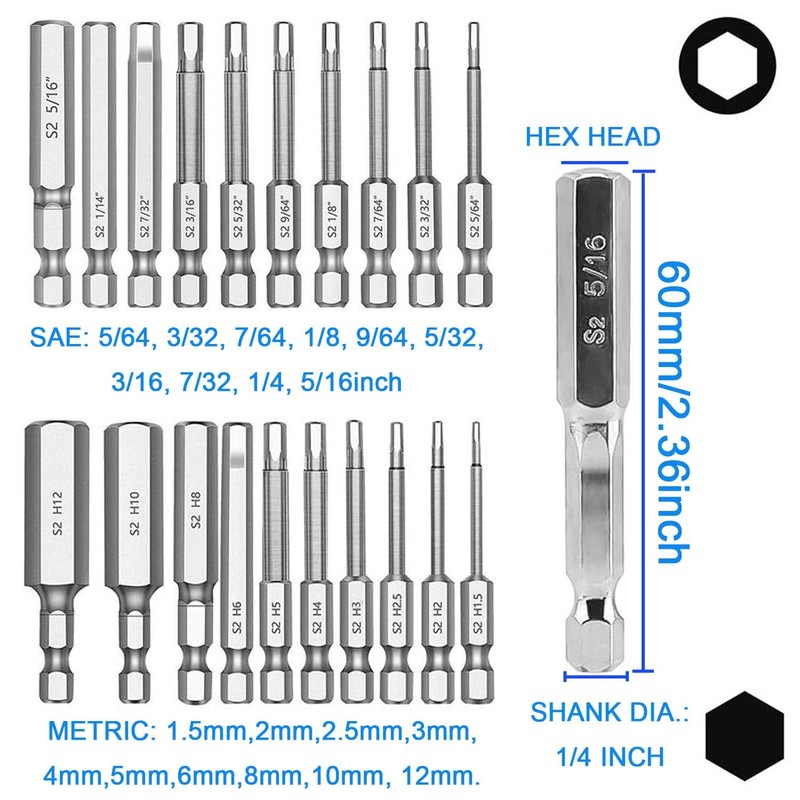 JONMON Hex Head Allen Wrench Bit Set - 20Pcs 1/4