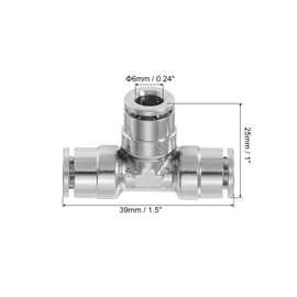 uxcell 6mm OD Tee Push to Connect Tube Fittings Nickle-Plated Brass Quick Connect 3 Way Union Tee Air Line Fittings, Silver 2Pcs