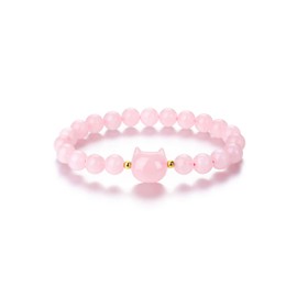 CrystalTears Rose Quartz Crystal Cat Bracelet for Women Men 8mm Crystal Stone Bead Bracelets Protection Healing Crystals Gemstones Stretch Bracelet Good Luck Bracelet Jewelry Cat Gifts for Women Girls
